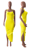 黄色のセクシーなソリッドフラウンススパゲッティストラップ不規則なドレスドレス