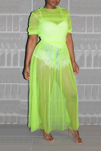 蛍光グリーンファッションセクシーなソリッドシースルーOネック半袖ドレス
