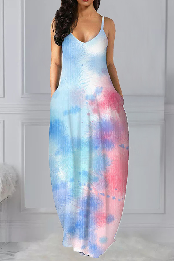 Rosa Casual Patchwork Tie-dye V-hals raka klänningar