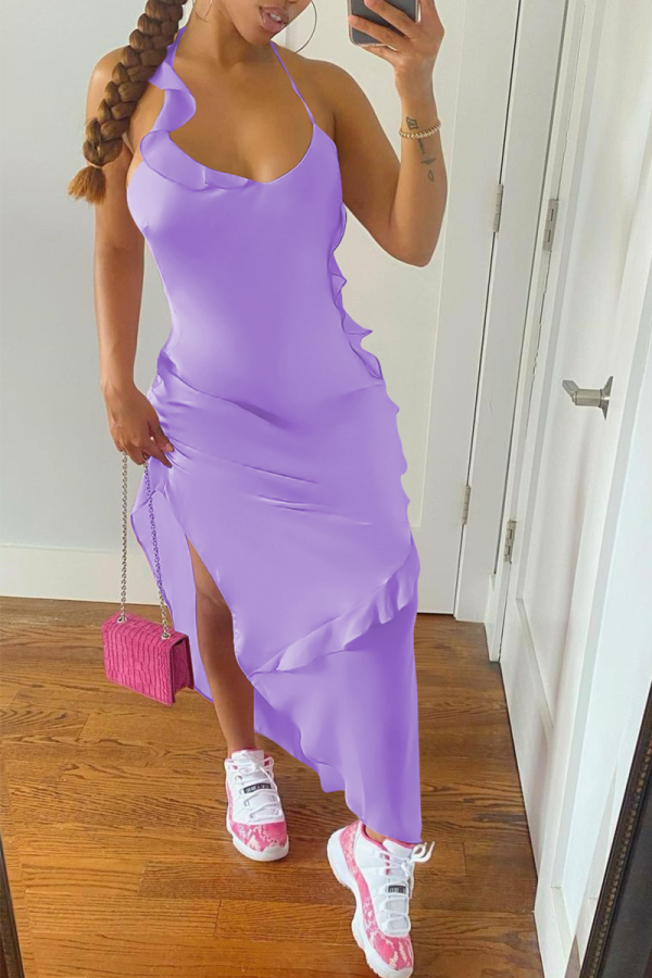 Púrpura Sexy Sólido Volante Correa De Espagueti Vestido Irregular Vestidos