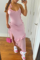 Pink Sexy Solid Flounce Spaghetti Strap Irregular Dress Dresses