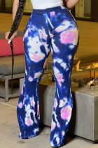 Pantalones con estampado completo y altavoz de cintura alta ajustados con patchwork teñido anudado sexy azul