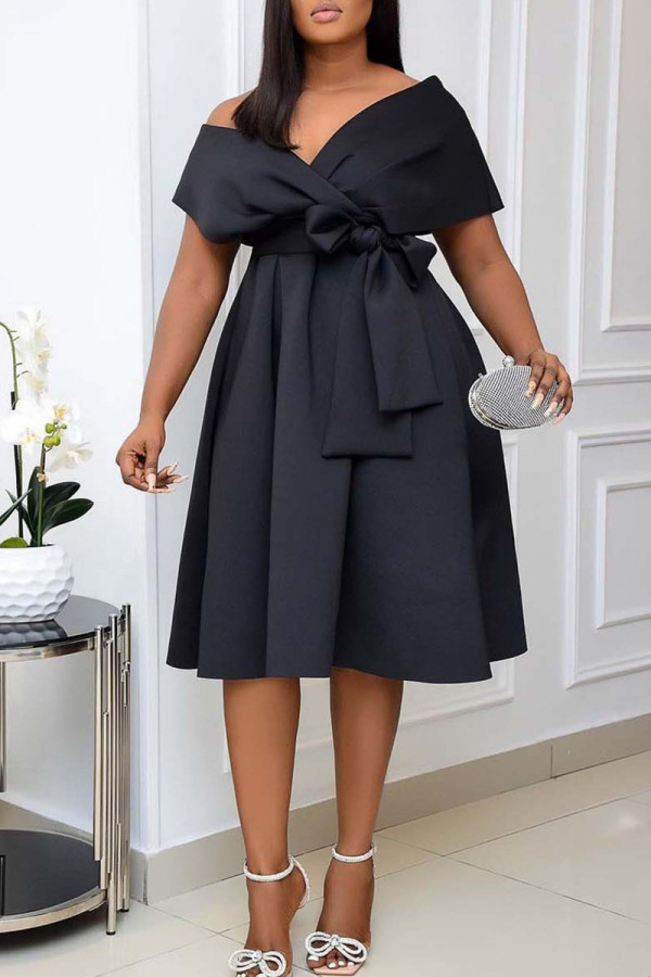 Negro Celebridades Elegante Sólido Vendaje Patchwork Cuello en V Una Línea Vestidos