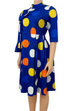 Blue Celebrity Dot Print Patchwork met strik Halve coltrui geplooide jurken