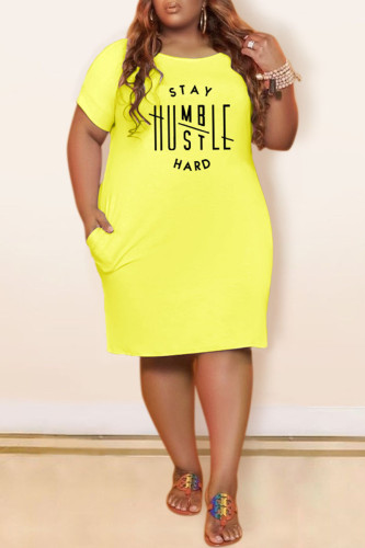 Vestido amarelo moda casual estampa de letras básico com gola redonda manga curta vestidos plus size