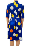 Blaue Promi-Patchwork-Kleider mit Punktmuster und Schleife, halber Rollkragenpullover
