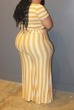 Yellow Sexy Striped Patchwork Square Collar Plus Size Two Pieces