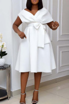 White Celebrities Elegant Solid Bandage Patchwork V Neck A Line Dresses