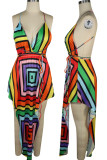 Robes de ligne A à bretelles spaghetti asymétriques multicolores à imprimé sexy