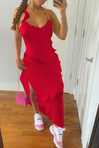 Red Sexy Solid Flounce Spaghetti Strap Irregular Dress Dresses
