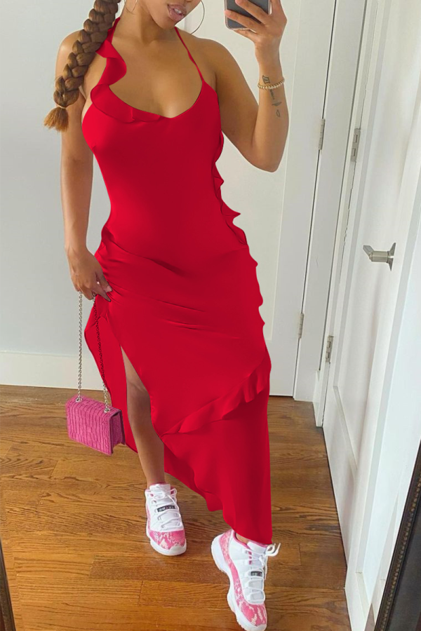 Rode sexy effen volant spaghetti band onregelmatige jurk jurken
