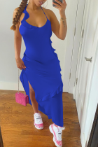 Deep Blue Sexy Solid Flounce Spaghetti Strap Irregular Dress Dresses