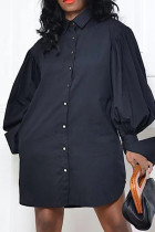 Black Fashion Elegant Solid Patchwork Fold Turndown Collar Tops