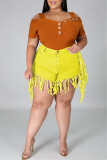 Rose Red Mode Casual Solid Tassel Plus Size Jeans