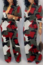 Red Fashion Casual Camouflage Print Basic V-Ausschnitt Regular Jumpsuits