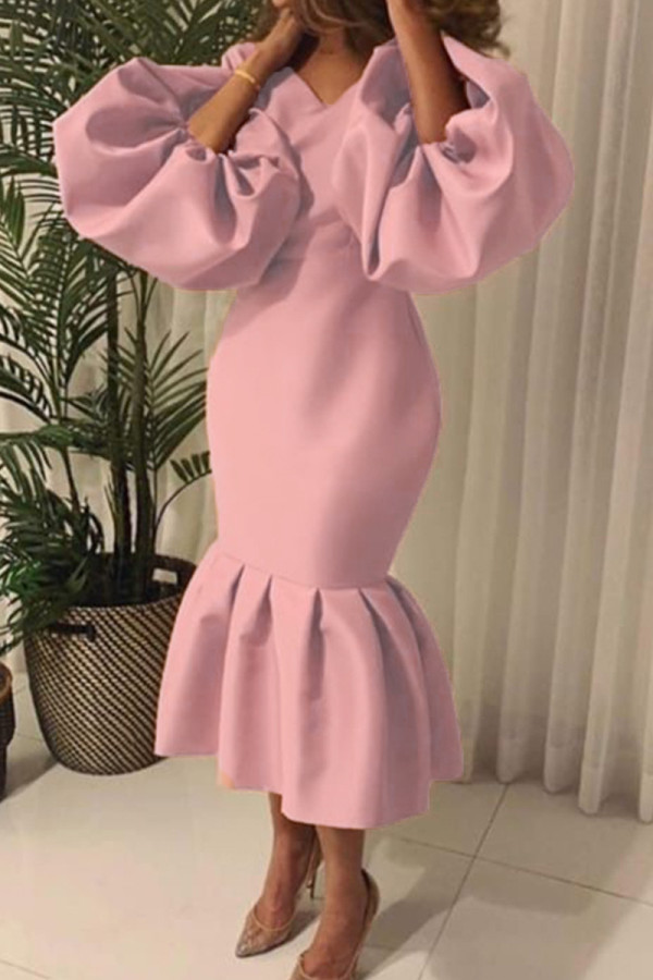 Vestido de noite rosa moda sexy sólido básico com decote em V