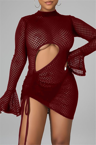 Burgundy Sexy Solid Hollowed Out See-through Half A Turtleneck Long Sleeve Dresses