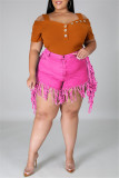 Rose Red Fashion Casual Effen Tassel Plus Size Jeans