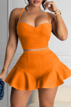 Due pezzi senza maniche con cinturino per spaghetti senza schienale solido casual arancione sexy