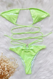 Green Fashion Sexy Solid Hollowed Out Backless Strap Design Swimwears
