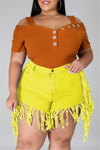 Yellow Fashion Casual Solid Tassel Plus Size Jeans