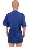 ブルーファッションカジュアルプリントベーシックOネックTシャツ