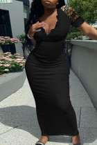 Черное модное однотонное лоскутное платье с V-образным вырезом и короткими рукавами