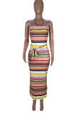 Pink Fashion Casual Plus Size Striped Print Schlitz U-Ausschnitt Weste Kleid