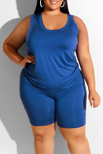 Blauw Casual Solid Basic U-hals Plus Size Two Pieces