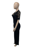 Черное модное однотонное лоскутное платье с V-образным вырезом и короткими рукавами