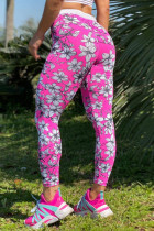 Roze casual basic skinny kokerbroek met hoge taille en sportprint