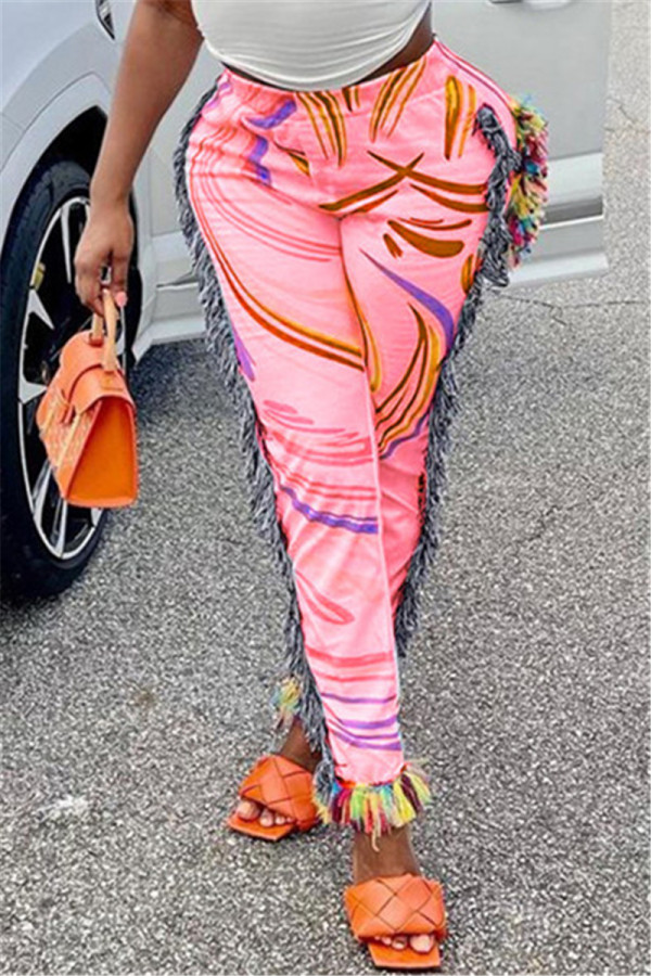 Pantaloni a matita a vita alta regolari con stampa nappa patchwork rosa moda casual