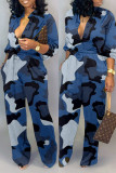 Macacão casual moda azul com estampa de camuflagem básica decote em V