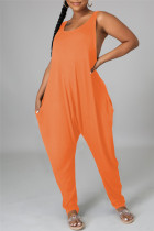オレンジ ファッション カジュアル ソリッド ベーシック O ネック ルーズ ジャンプスーツ