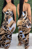 Brown Fashion Sexy Print Backless Sling Dress mit V-Ausschnitt