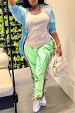 Groene mode, casual print, kwastje, patchwork, normale kokerbroek met hoge taille
