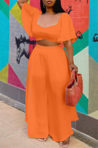 オレンジ ファッション カジュアル 無地 ベーシック スクエアカラー 半袖 ツーピース