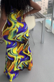 Geel sexy print patchwork vierkante kraag kokerrok jurken