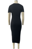 Schwarzes, sexy, lässiges, solides, kurzärmliges Kleid mit V-Ausschnitt
