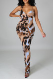 Brown Fashion Sexy Print Backless Sling Dress mit V-Ausschnitt