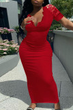 Röd Mode Solid Patchwork V-ringad kortärmad klänning