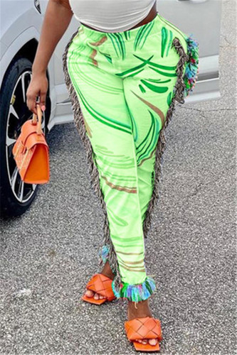 Pantalon crayon taille haute régulier imprimé gland fendu à la mode décontracté vert