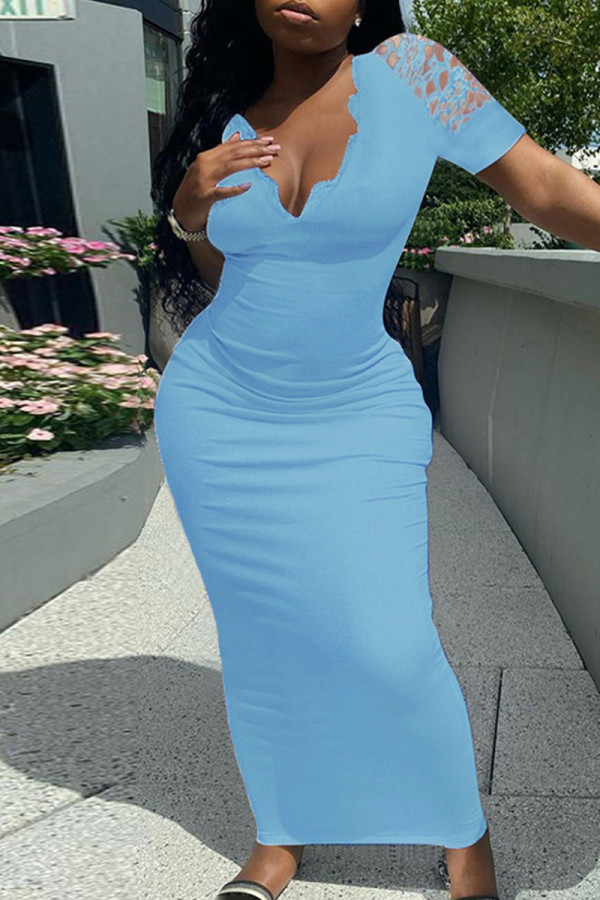 Himmelsblå Mode Solid Patchwork V-ringad kortärmad klänning