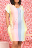 Многоцветное модное повседневное платье в полоску с принтом, базовое платье с круглым вырезом и коротким рукавом, платья