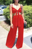 Rood Sexy Casual Solid Bandage Backless Spaghetti Band Mouwloos Twee Stukken