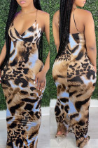 Leopard Print Fashion Sexy Print Backless Sling Dress mit V-Ausschnitt
