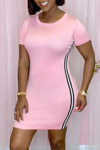 Vestido de manga corta con cuello en O de patchwork sólido casual de moda rosa