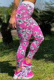 Roze casual basic skinny kokerbroek met hoge taille en sportprint
