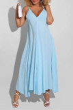 Ljusblå Sexig Casual Solid Backless V-hals Sling Dress
