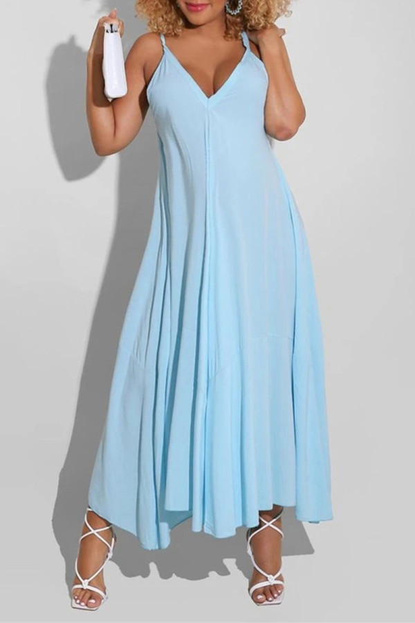 Vestido azul claro sexy casual sólido sin espalda con cuello en V Sling Dress